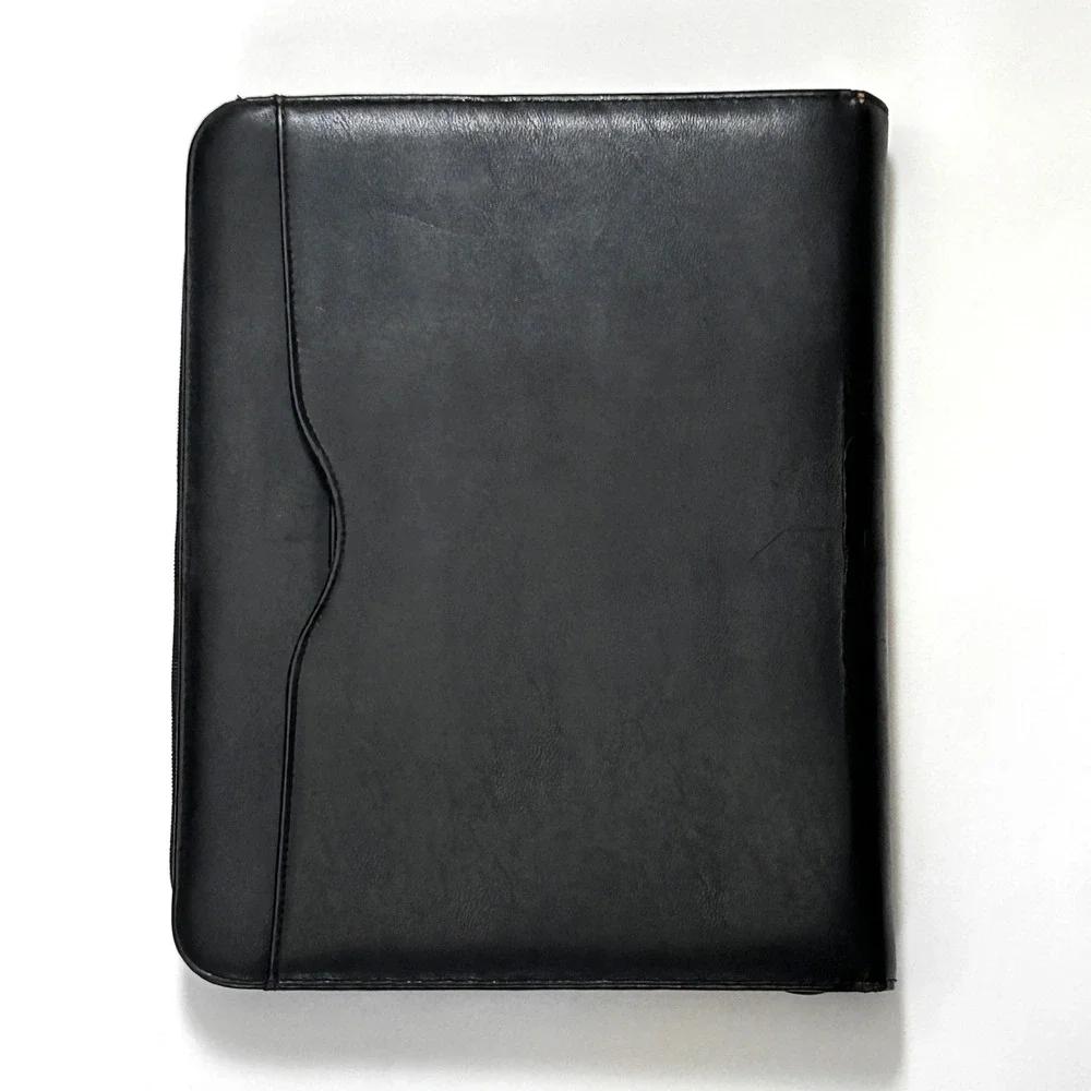 VTG 90s Day-Timer Leather 3 Ring Planner Folio Briefcase Hideaway Handles Black